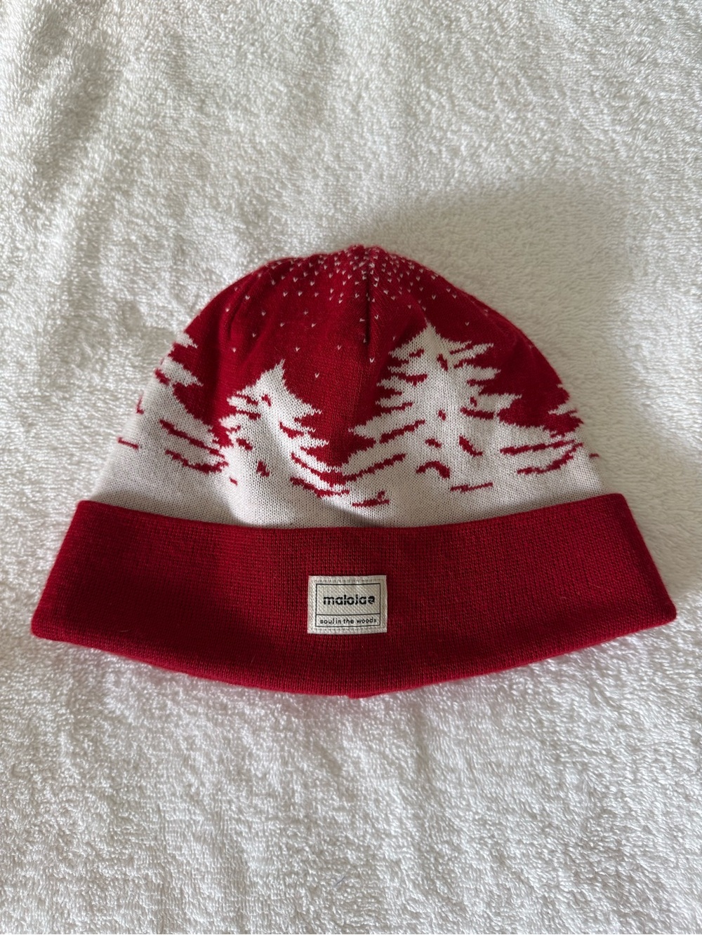 Maloja Wool Blend Red and White Knit Beanie with Tree Motif